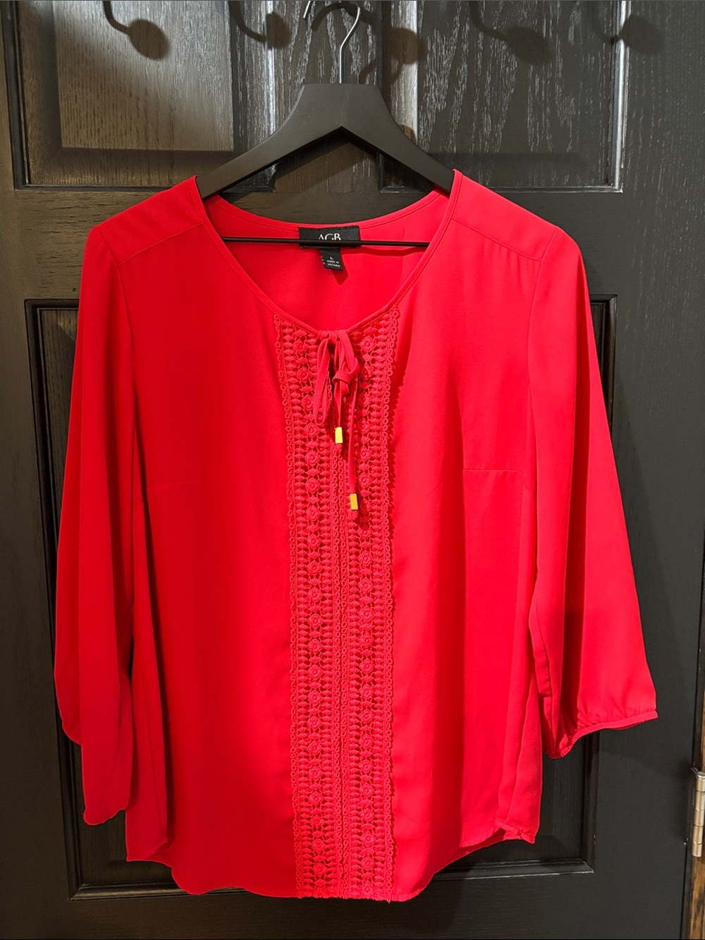 AGB Bright Red Crochet-Front Tie Blouse